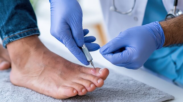 Medical professional performs procedure on patients toe.