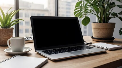 Fototapeta premium Elegant Laptop Desk Setup with Coffee and Plants