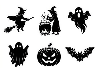 Fototapeta premium Halloween silhouettes featuring witches flying on brooms a cauldron ghosts pumpkins and bats on a white background silhouette