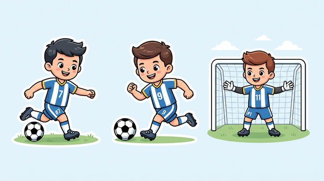 Cute children soccer players cartoon mascot vector character set kicking chasing goalkeeper bold outline on light background