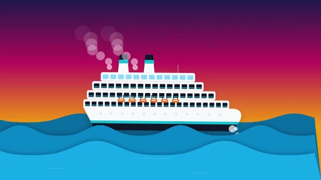 Flat vector illustration of a cruise ship sailing on the ocean during a colorful sunset.