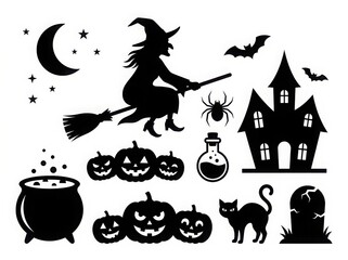 Fototapeta premium Halloween themed black silhouettes of witch haunted house pumpkins and spooky elements on a white background silhouette