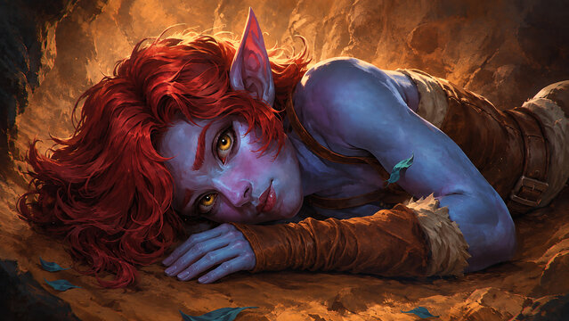 Hidden in the shadows of an underground cave, the young blue-skinned thief rests attentively, waiting for the perfect moment to ambush her targets.