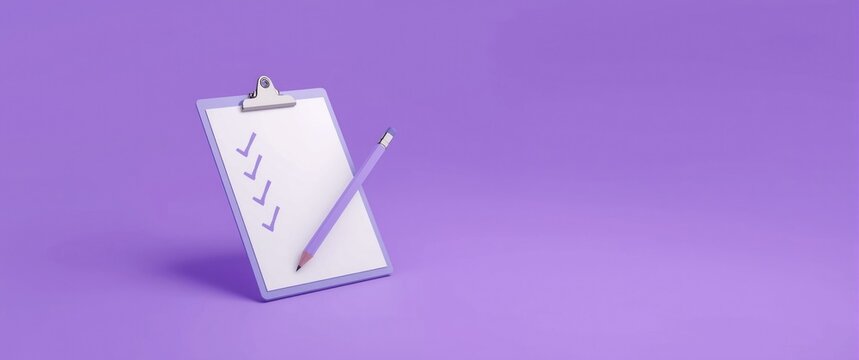 Clipboard with Checkmarks and Pencil on Purple Background