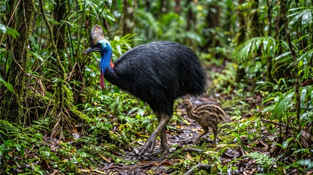 Southern Cassowary Walking with Striped Chick in Dense Tropical Rainforest, Papuan Wildlife