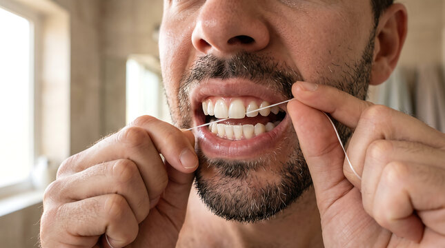 Close up view of middle aged man flossing his teeth carefully for good oral hygiene in a bathroom mirror in a daily routine.
