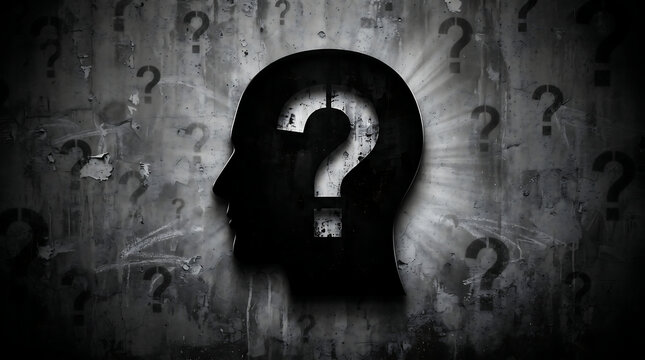 Silhouette of human head profile with question mark inside cutout on textured dark background featuring multiple faded symbols representing curiosity and mental state.
