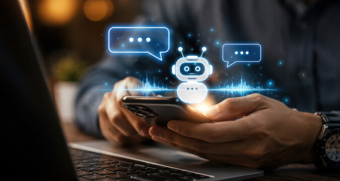 AI chatbot assistant concept with smartphone, voice recognition, conversational interface, machine learning, and digital communication. Smart automation technology enhancing customer support and