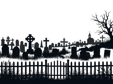 Spooky graveyard scene with stone crosses and a bare tree in black silhouette