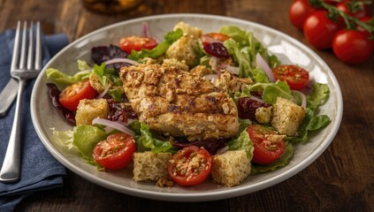 Fototapeta premium Grilled Chicken Salad with Cherry Tomatoes and Croutons on a Rustic Table