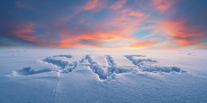 Winter Sunset Sky Over Snowy Landscape with Sale Message Written in Snow