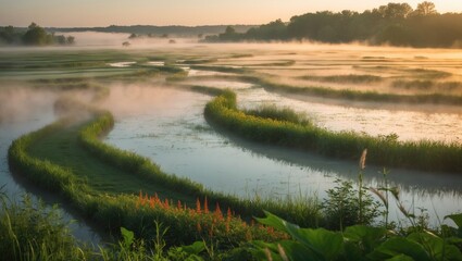 Fototapeta premium Winding River Through Lush Green Marshland at Sunrise with Morning Fog