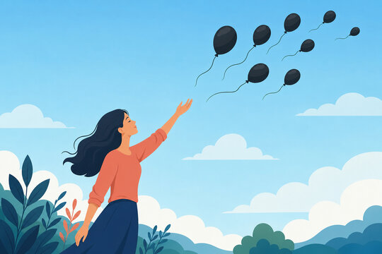 Woman releasing black balloons into the sky