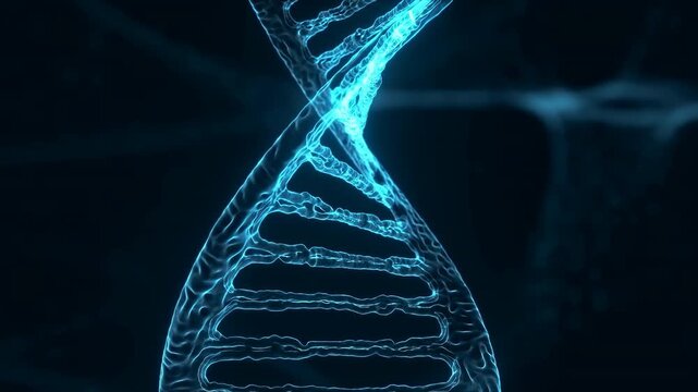 Glowing cyan blue DNA double helix with translucent tubular strands and ribbed crossbars centered against dark background, showing clinical biotech style and luminous detail