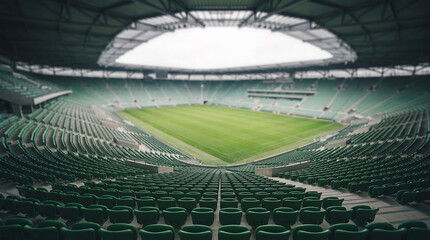 Naklejka premium Wide angle shot looking down from stadium bleachers onto vibrant green grass pitch of professional sports arena featuring extensive seating arrangement for visitors.