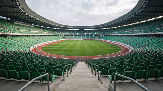 Expansive view of massive stadium with green seats and manicured grass pitch under overcast sky perfect for sporting events or concerts held at large outdoor venue.
