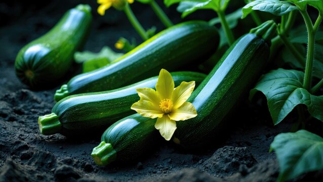 Close-up of a green zucchini growing on a bush, showcasing a zucchini plant with ripe organic vegetables.