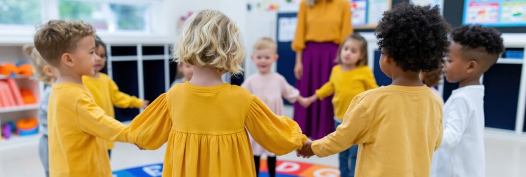 Diverse preschool children holding hands in a circle for classroom activity background for early childhood education banner