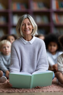 Mature female teacher reading to children in a library with a green book for storytime poster and classroom background design