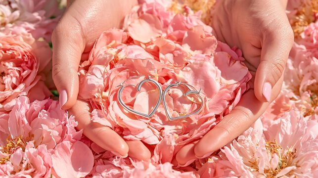Romantic close-up illustration of hands cradling soft pink flower petals with two silver heart rings in the center