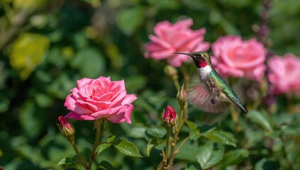 Obraz premium Hummingbird Hovering Near Pink Roses in a Lush Garden Setting