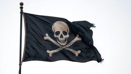 Fototapeta premium Pirate Flag with Skull and Crossbones Waving Against a Light Background