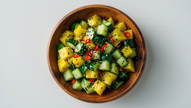 Fresh Mango and Cucumber Salad in a Wooden Bowl on a Light Background