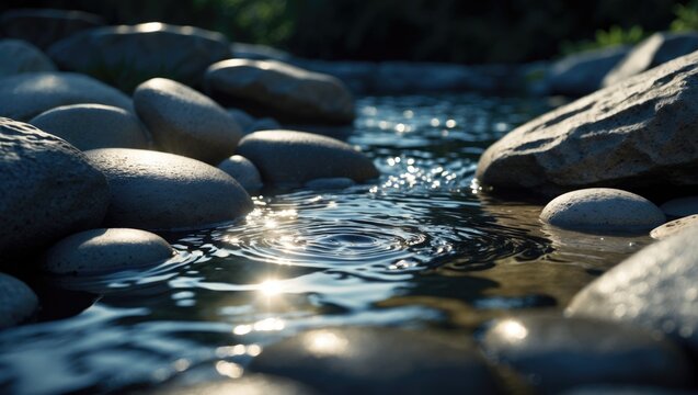 Gentle Ripples on a Stream with Pebbles Under Sunlight