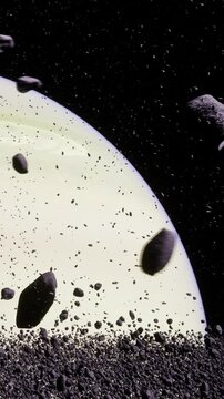 Vast asteroid fields float in the dark void of space, surrounding a glowing planet. The contrast of the rocky debris against the ethereal atmosphere creates an awe inspiring scene.