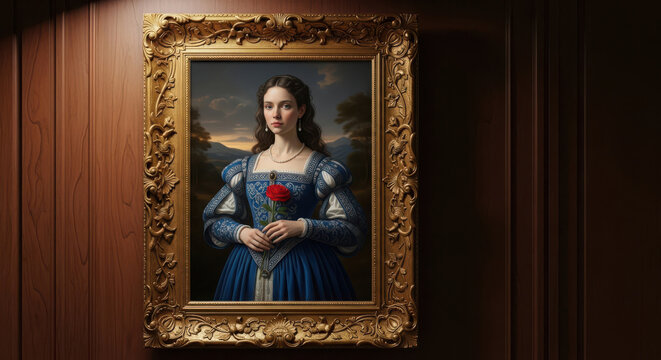 Elegant noblewoman wearing blue renaissance dress holding single red rose depicted in ornate golden frame hanging on dark wooden wall within classic historical fine art