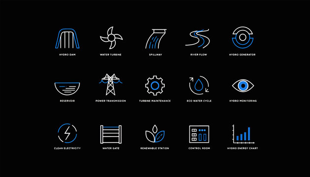 Hydro Generator Icon Set on Dark Background for Renewable Energy and Clean Electricity Concept Design