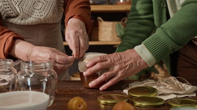 Hands of unrecognizable senior couple tying twine around cloth lid of homemade jam jar. Footage is ideal for organic food branding, retirement lifestyle ads, or artisanal product marketing