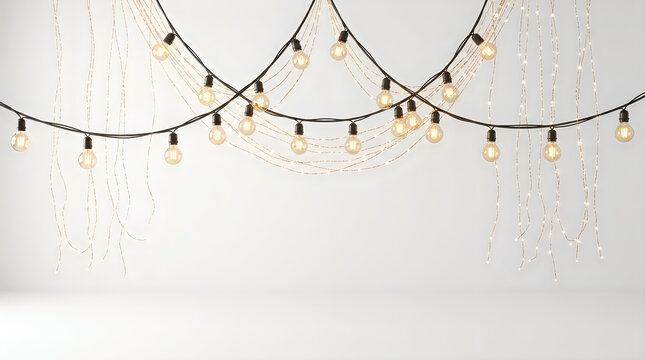 Decorative string lights with warm glowing bulbs hanging against plain white background festive illumination for event decoration indoor party lighting concept bright bulb glow.