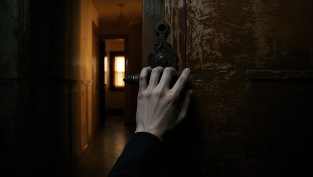 Hand Reaching for a Door Handle in a Dimly Lit Hallway