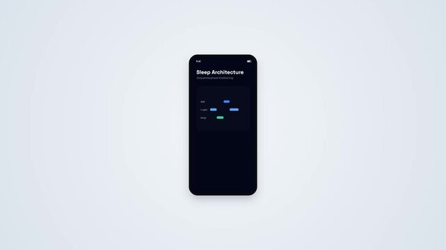 Sleep Architecture Mobile App UI, Stage Tracking Chart Dark Mode Interface Animation Smartphone Display