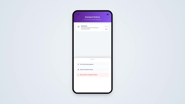 Mobile App Bottom Sheet Action Menu Modal Popup Animation for Comment Moderation in Smartphone Mockup Frame