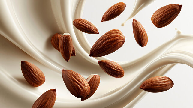 floating almonds with white chocolate swirl on pure white background, elegant chocolate almond composition with creamy white chocolate flow, gourmet floating almond dessert with smooth white chocolate