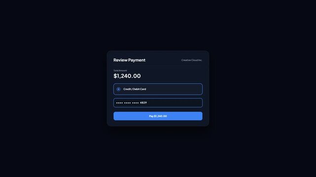 Creative Cloud Service Payment Checkout Form Interface with Dark Theme Design Showing Card Processing and Secure Pay Authorization, UI Animation