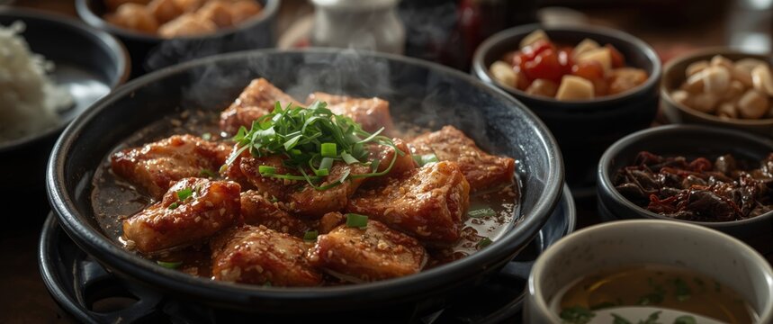 Sizzling Dish of Glazed Tofu and Fresh Herbs on a Table with Side Dishes