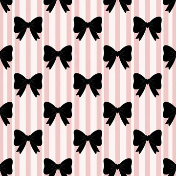 Black bow pattern with heart center on pink and white vertical stripes, creating cute and charming kawaii design