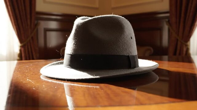 Low Angle Shot of a Classic Gray Fedora Hat on a Shiny Wooden Table with Reflections