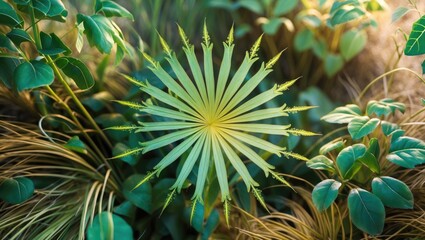 Fototapeta premium Green Spiky Plant Centered Among Lush Greenery in Soft Light
