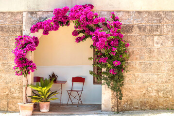 Mediterranean Impression – Entrance by an old sand-lime brick wall with a seating area and blooming bougainvilleas - 28987 © Wolfgang Jargstorff