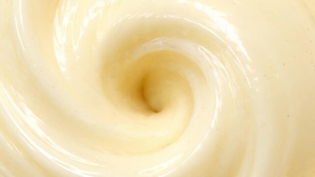 Abstract Vanilla Cream Swirl Background with Glossy Smooth Texture, Rotating Spiral Dessert Pattern, Full Frame Macro Dairy Surface for Product Packaging and Advertising