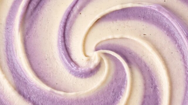 Abstract Taro and Vanilla Cream Swirl Background with Glossy Smooth Texture, Rotating Purple and White Spiral Dessert Pattern, Full Frame Macro Food Surface for Packaging and Advertising High Detail