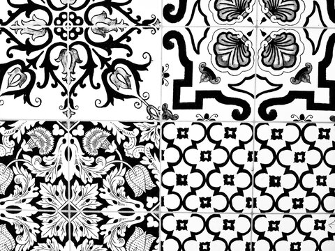 Black and white vintage ceramic tile pattern background with floral and ornate geometric decorative design