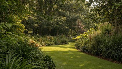Obraz premium Lush Garden Pathway Surrounded by Greenery in Soft Natural Light