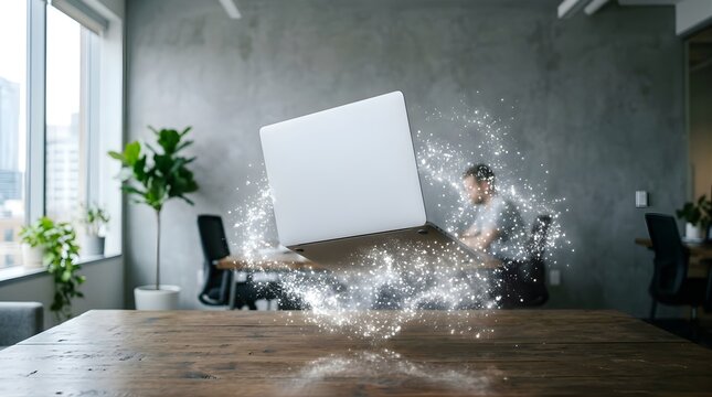 Floating laptop with magical particles in a modern office workspace