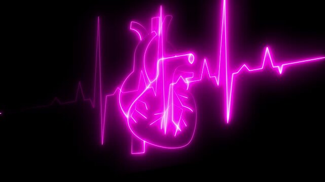 ECG monitor beating heart with a neon electrocardiogram overlay, featuring dynamic HUD elements. Glowing neon red heartbeat line 4k neon light heartbeat display screen medical research.
