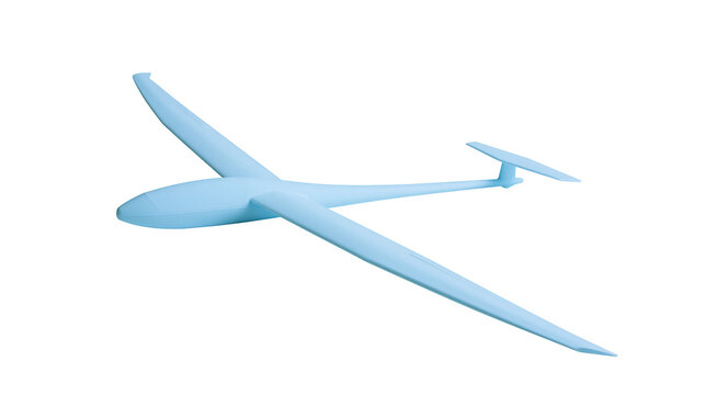 Light blue glider airplane with long wings, isolated on transparent background
